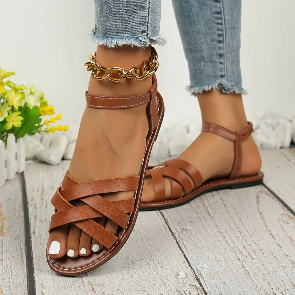 Women Flat Sandals Roman Strap Summer Shoes