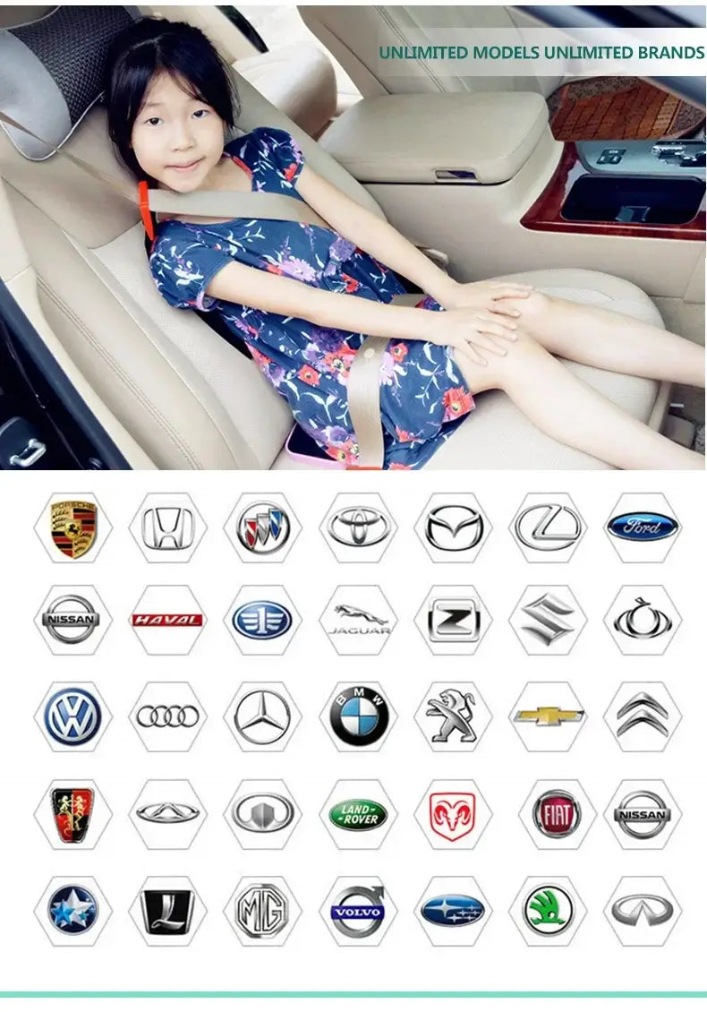 A child seated in a car, showcasing various car brand logos including Ford, BMW, and Nissan, emphasizing seat compatibility.