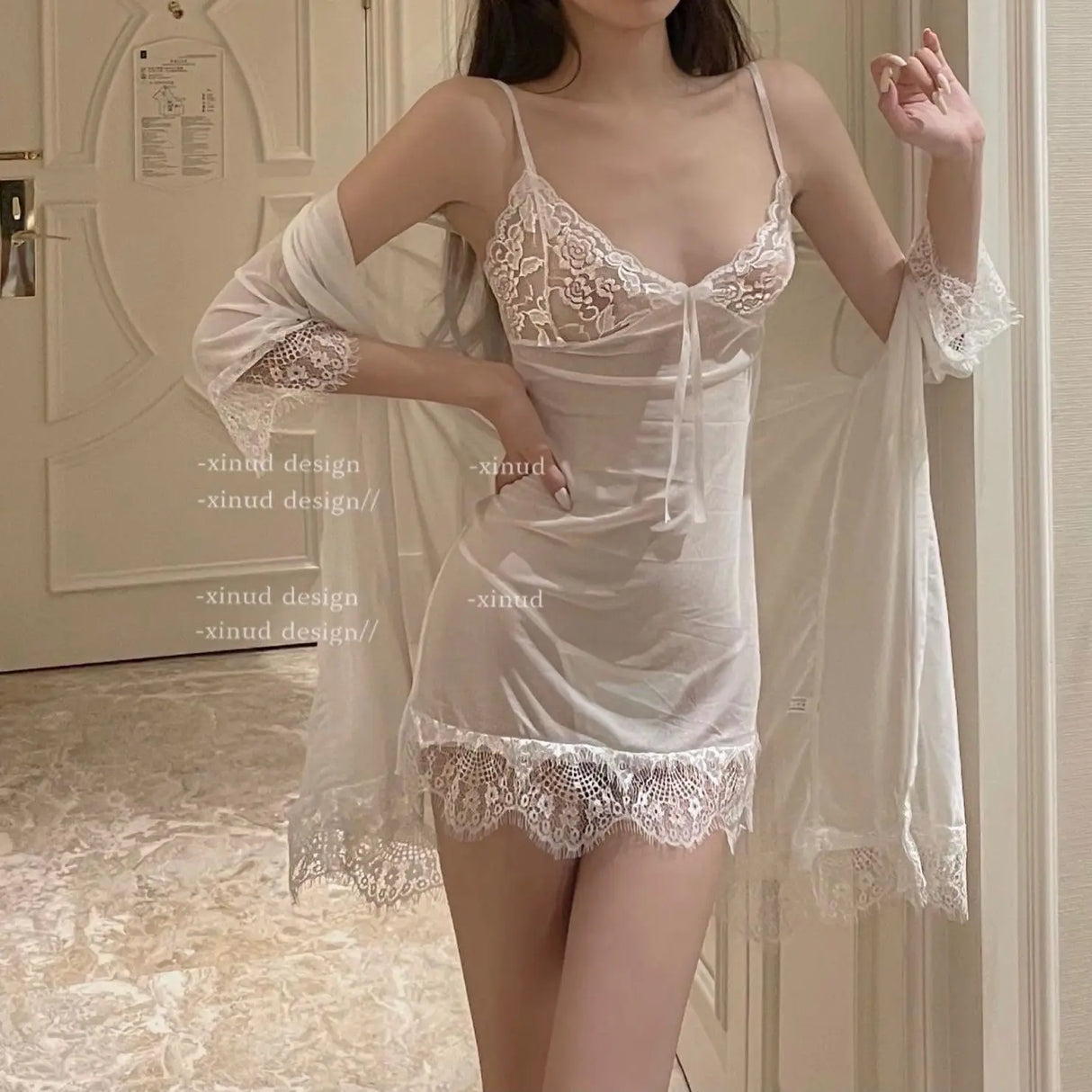 Women Mesh Lace Sleep Robe