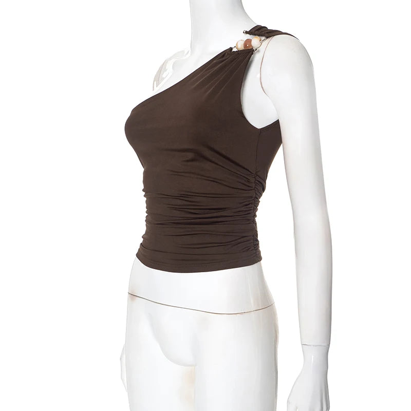One-Shoulder Beaded Ruched Tank Top