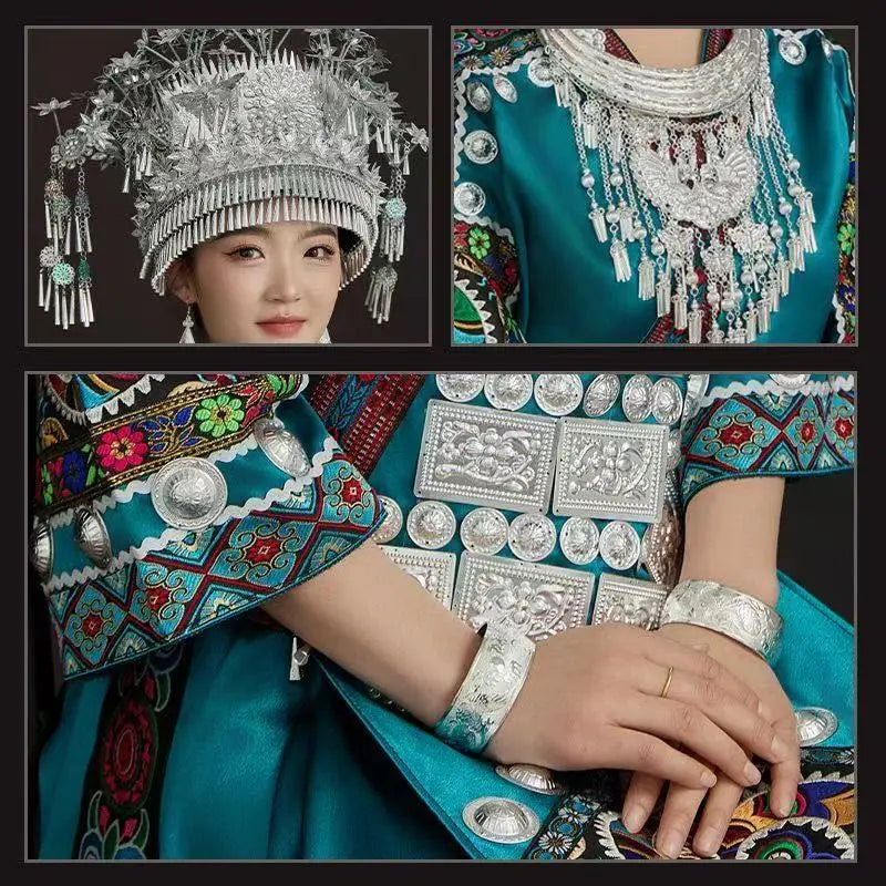 Miao Embroidery Suit featuring intricate silver accessories and vibrant patterns, perfect for festivals and traditional celebrations.