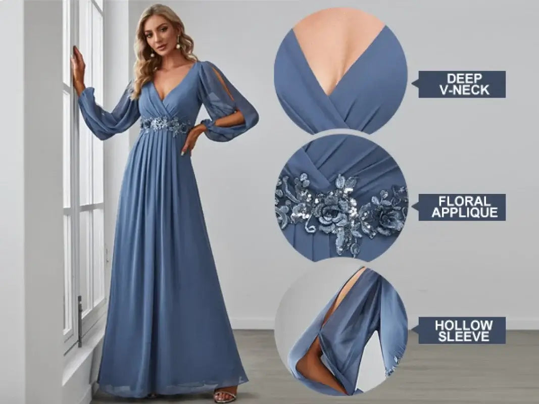 Women Elegant Evening Dress Long Sleeve A-Line Maxi