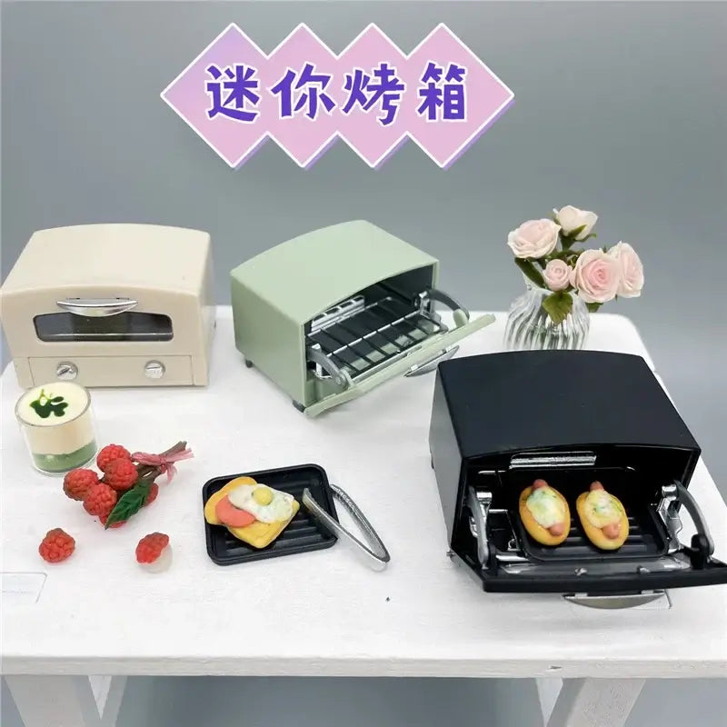 Miniature toasters in cream, green, and black with food props on a white table, perfect for photography and display.
