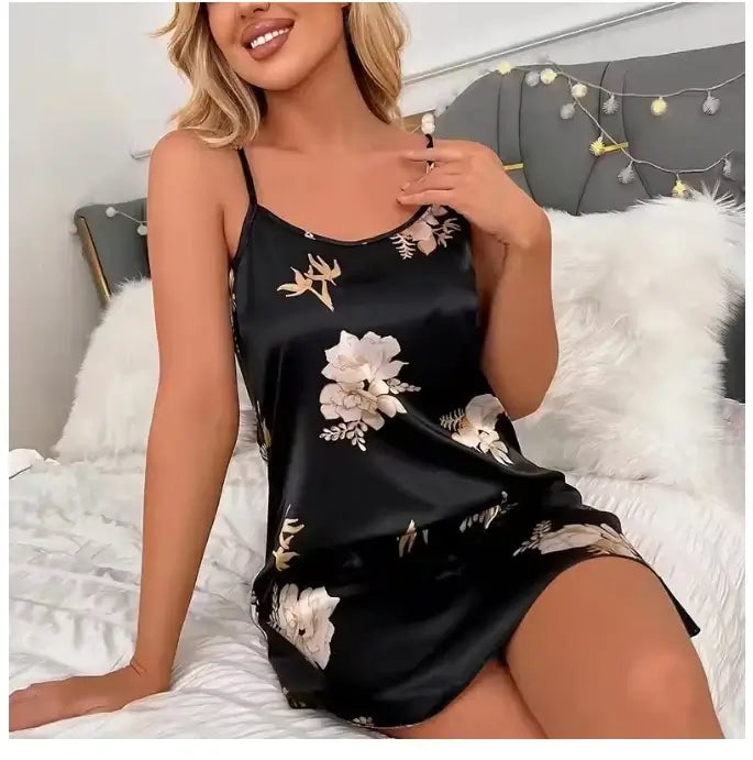 Women Black Floral Satin Nightdress Casual Sleep Shirt