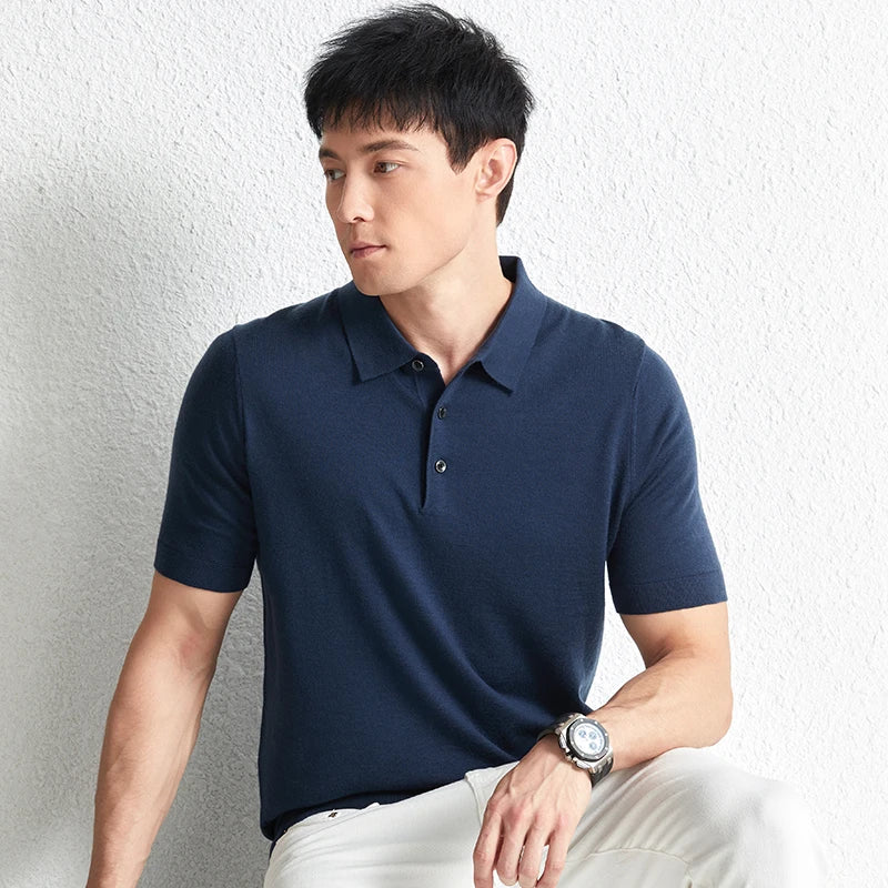 Men Short Sleeve Wool Polo Knit