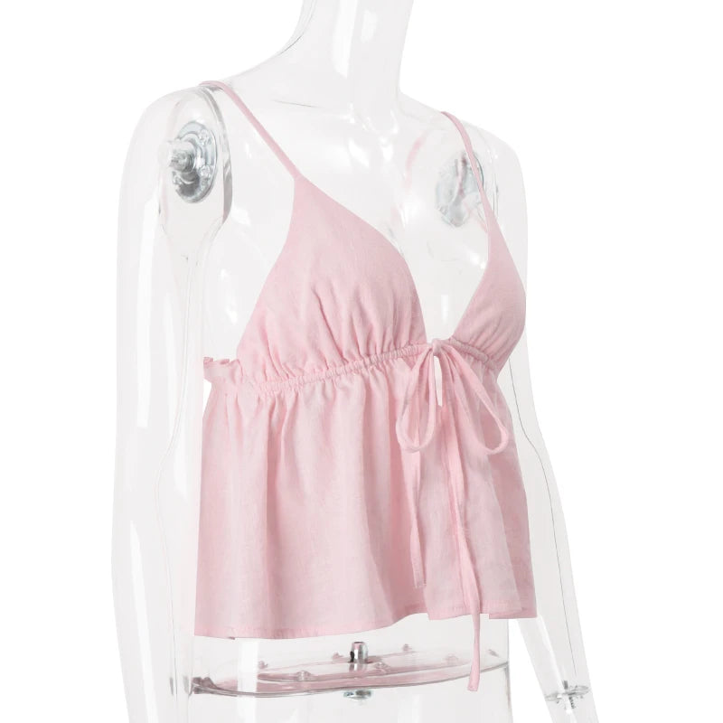 Off Shoulder V‑Neck Pink Crop Tank Top