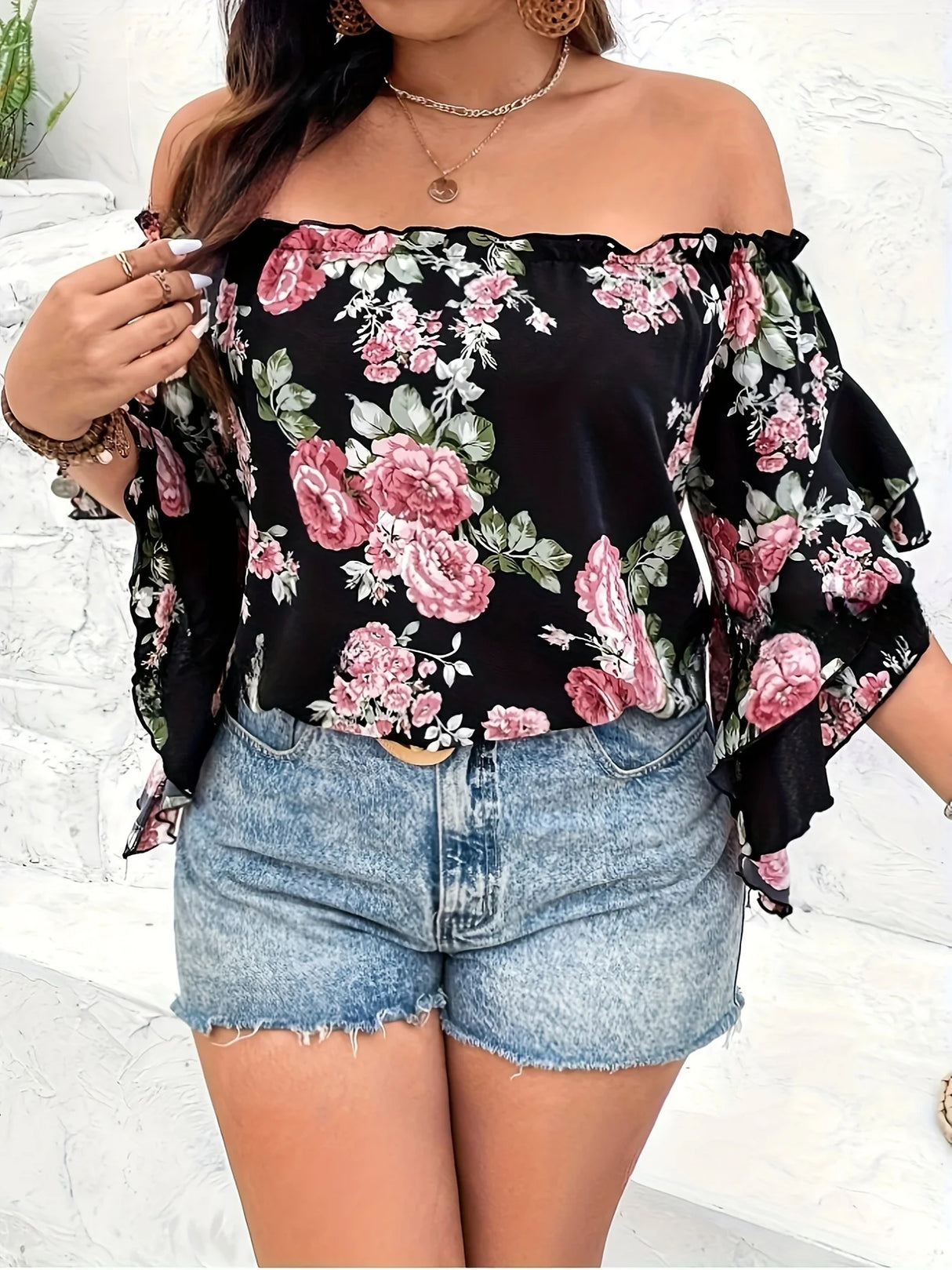 Women Plus Size Floral Off-Shoulder Top