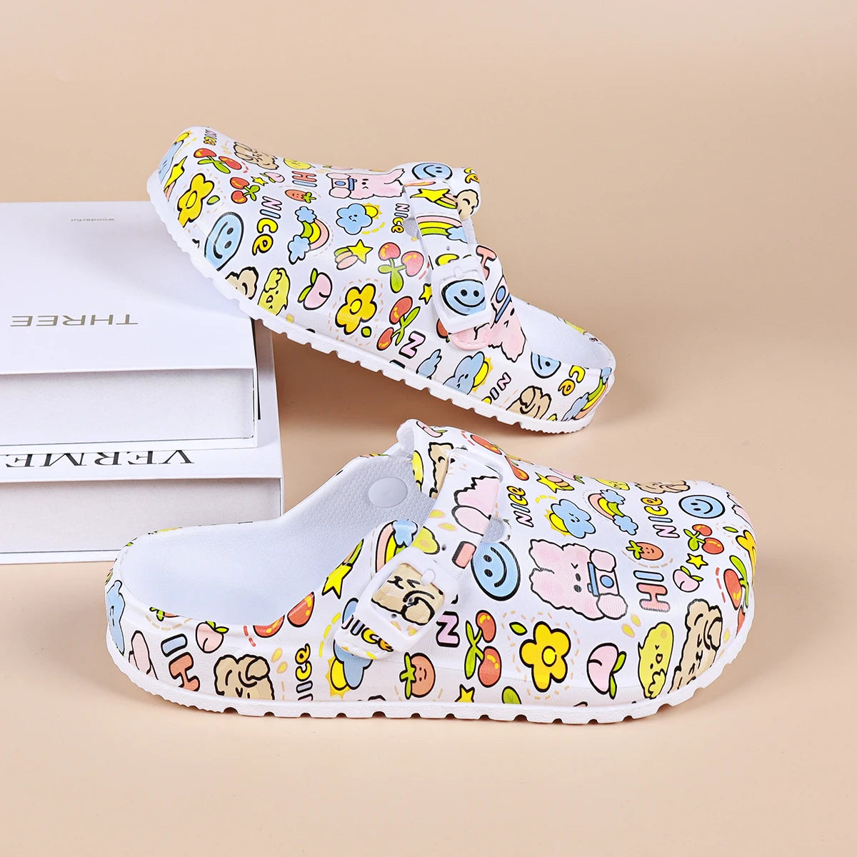 Women Cartoon Print Mule Clogs – Adjustable Buckle Beach Slippers