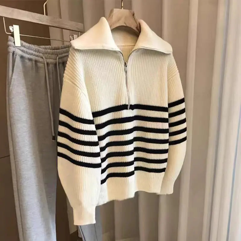 Women's Half Zipper Striped Sweater