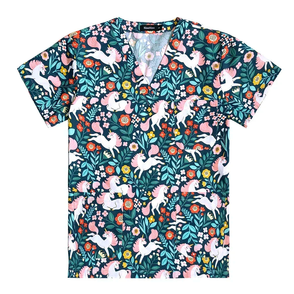 Colorful women’s nurse scrubs featuring unicorns and floral designs, perfect for medical and beauty professions.