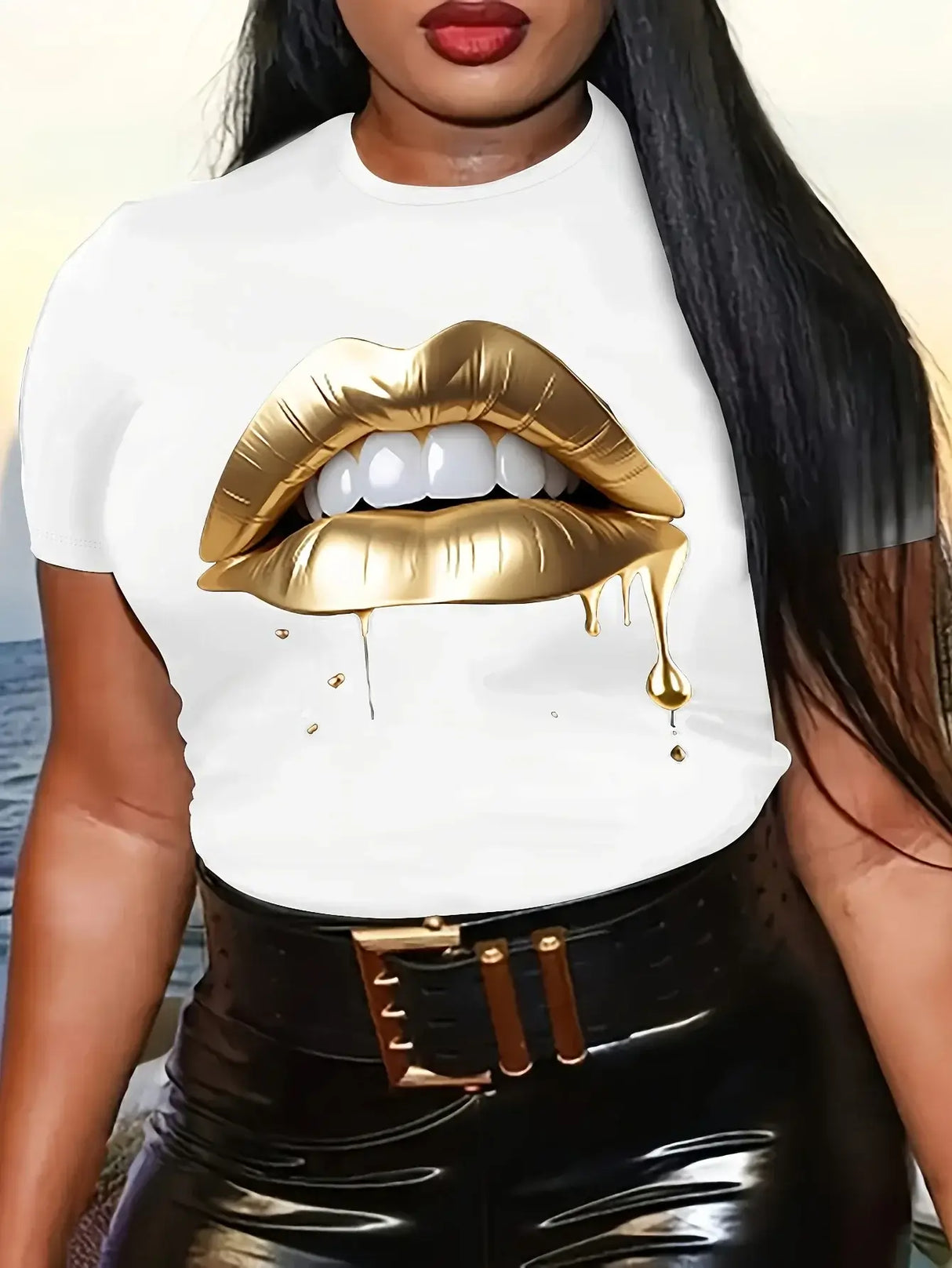 Women Lips Print T-Shirt Short Sleeve Casual Tee