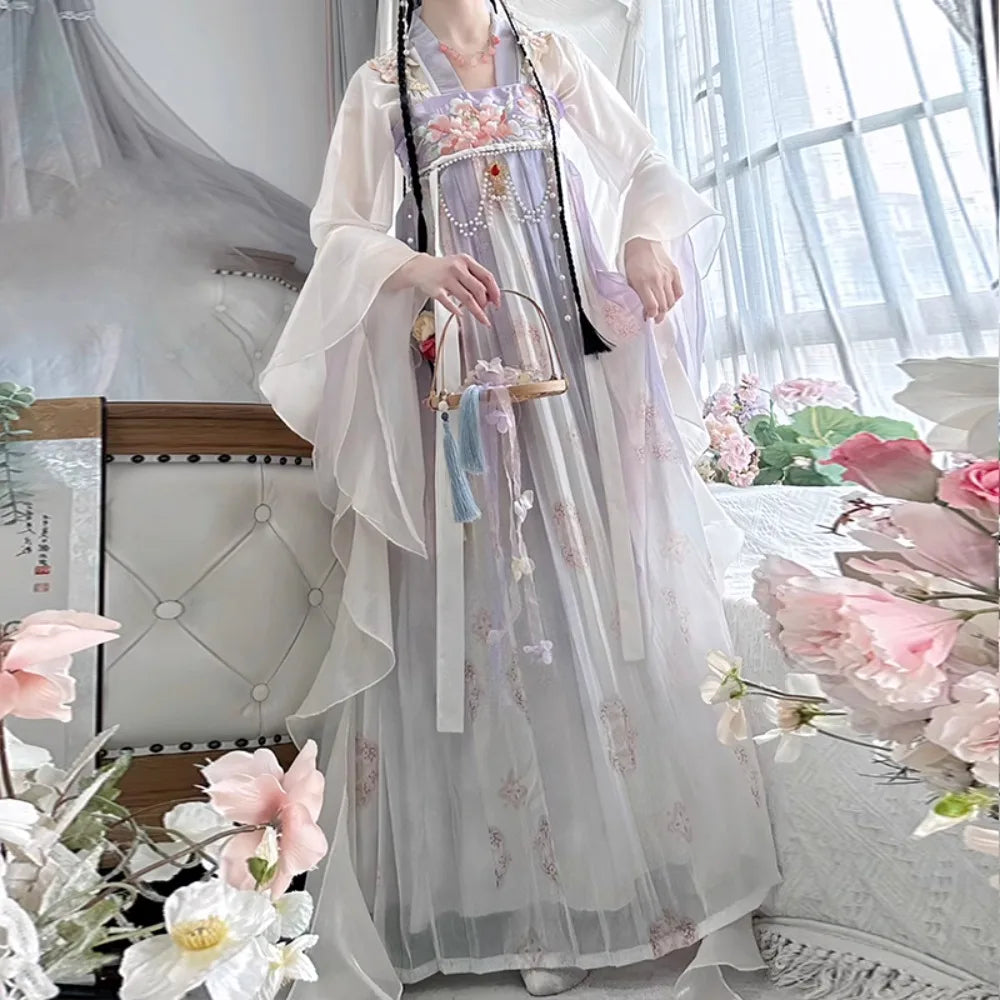 Vintage Chinese style traditional Hanfu dress for women, featuring elegant flowing fabric and intricate floral details.