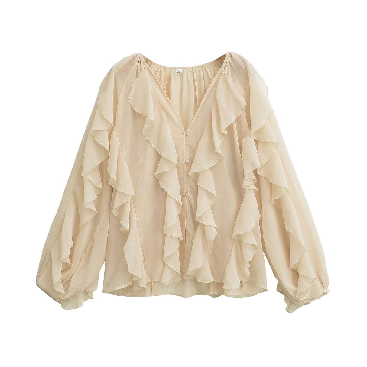 Rufflynn™ – Translucent Ruffle Blouse (V-Neck, Hollow-Out Chic for Spring/Summer)