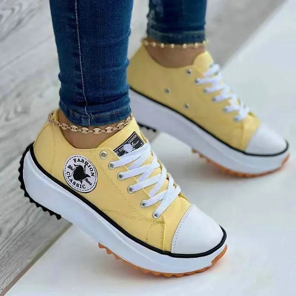 Women Canvas Pattern Sneakers Lace Up Flats