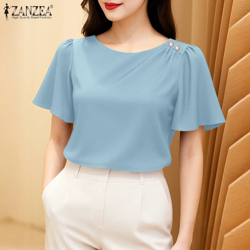 Women Satin Office Short Sleeve Blouse