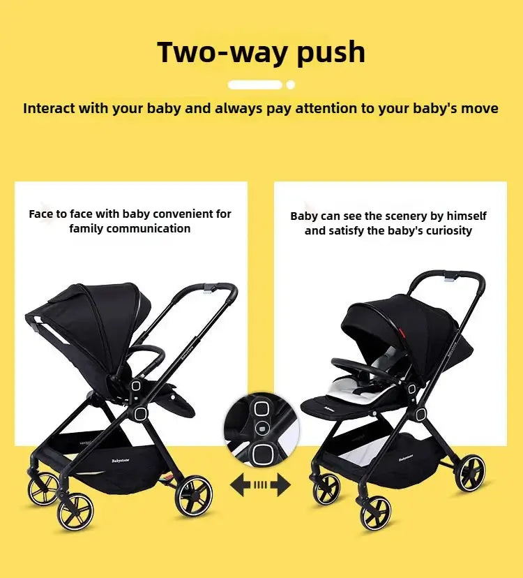 Highview Baby Stroller showcasing two-way push for parent-child interaction and scenic view for the baby.