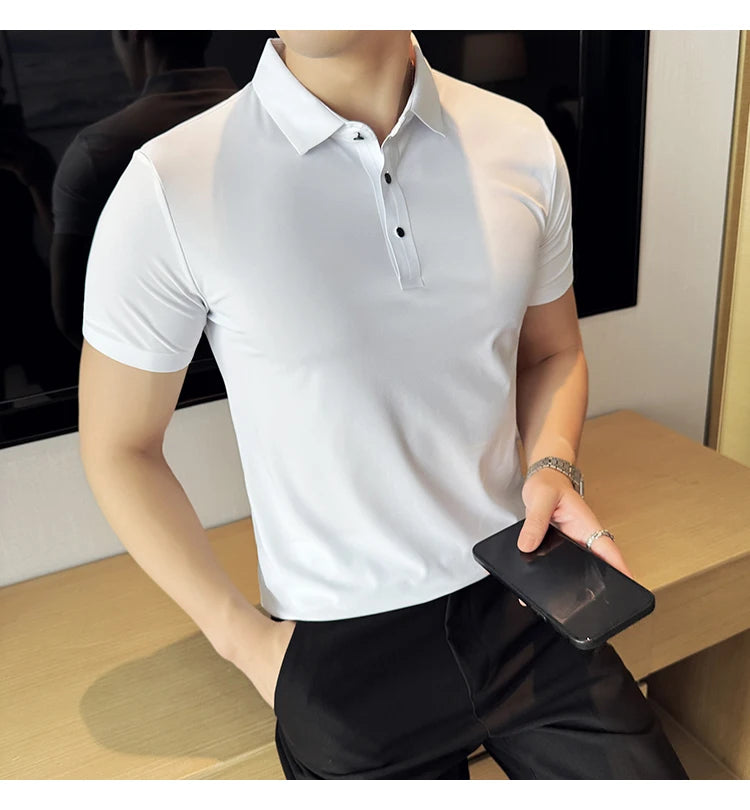 Men Ice Silk Polo Shirt Brown Top