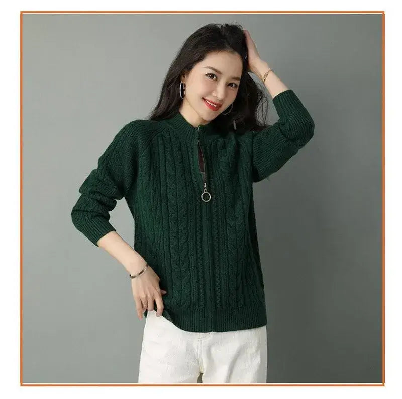Women Zipper High Collar Knit Cardigan