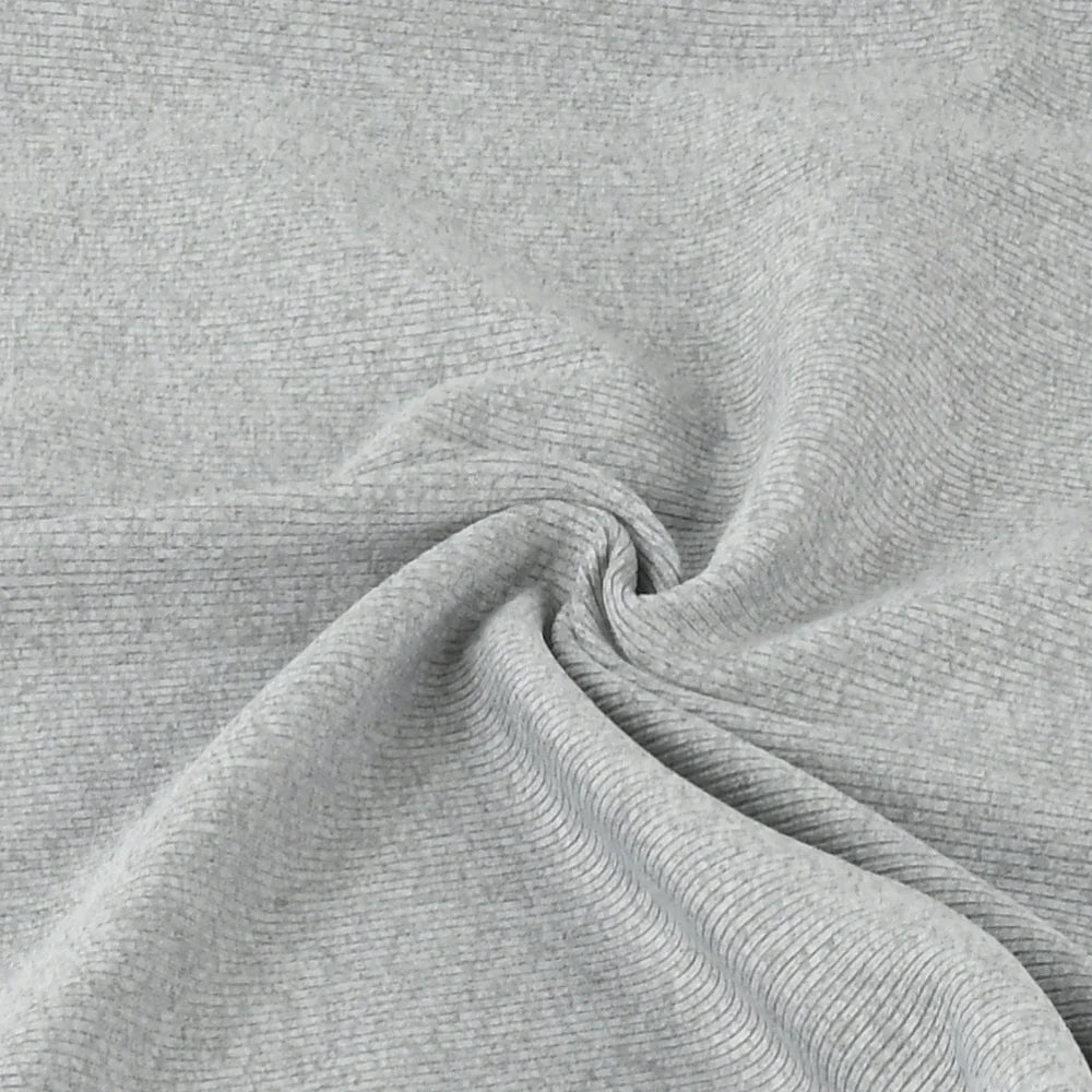 Close-up of light gray blended fabric showing soft texture, ideal for lightweight summer clothing.
