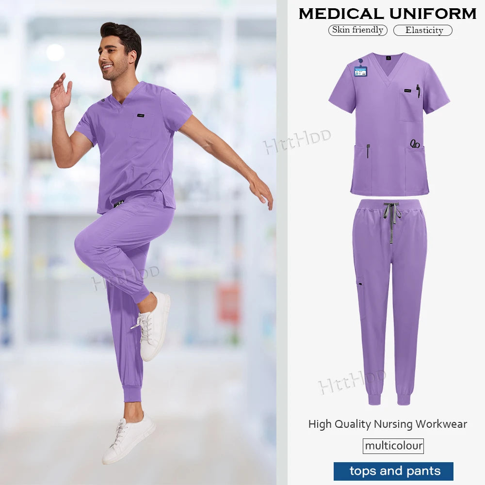 Purple short sleeved medical scrub uniform set for men, featuring breathable fabric and a stylish design, suitable for nursing.