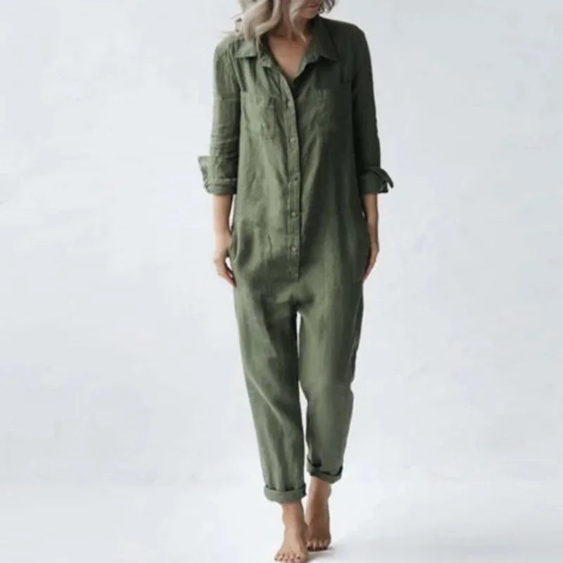 LinoSoft™ – Cotton Linen Long Sleeve Button Jumpsuit (Earthy, Relaxed & Breezy)