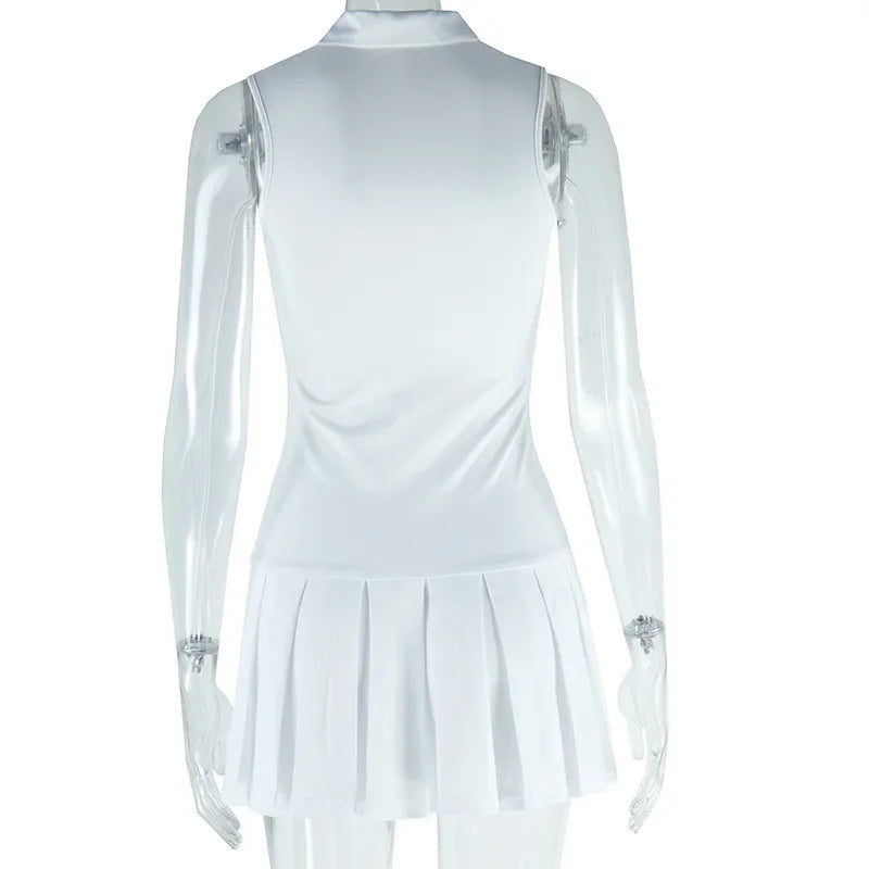 Women’s White Lapel Pleated Dress
