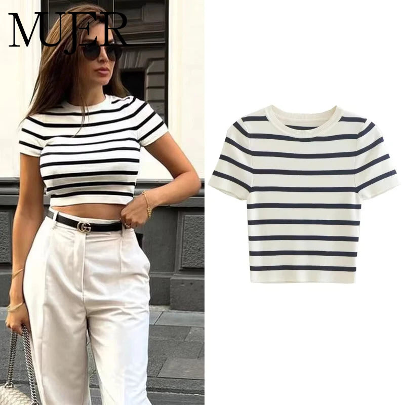 Women Striped Crop Knit Sweater