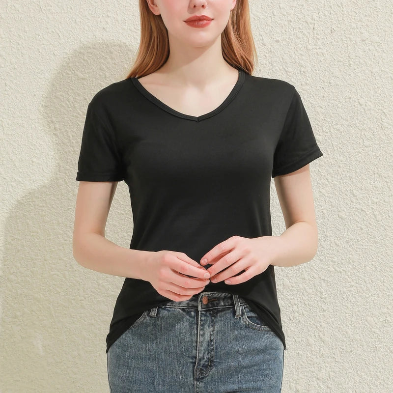 Black slim fit cotton V-neck tee on a woman, perfect for summer with lightweight, breathable fabric.