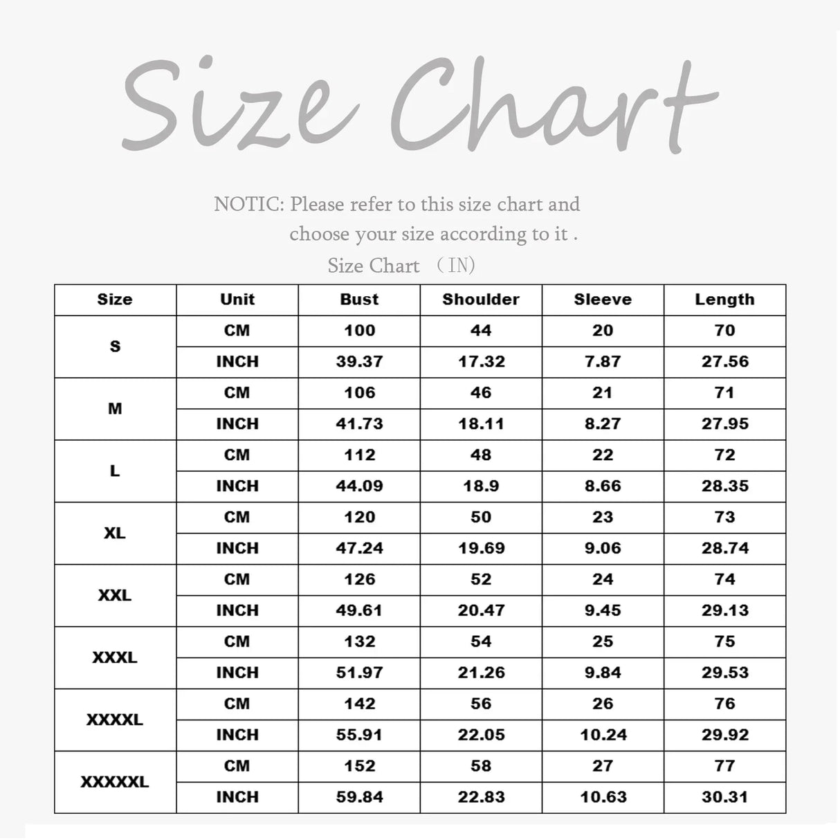 Size chart for Cartoon Cat Print Vet Scrubs, detailing measurements for various sizes in cm and inches.