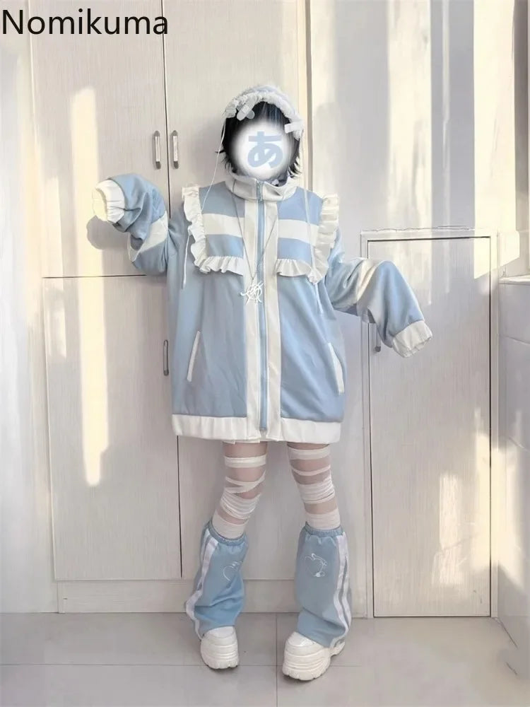 Japanese Patchwork Oversized Women's Coat – Y2K Lolita Ruffle Jacket