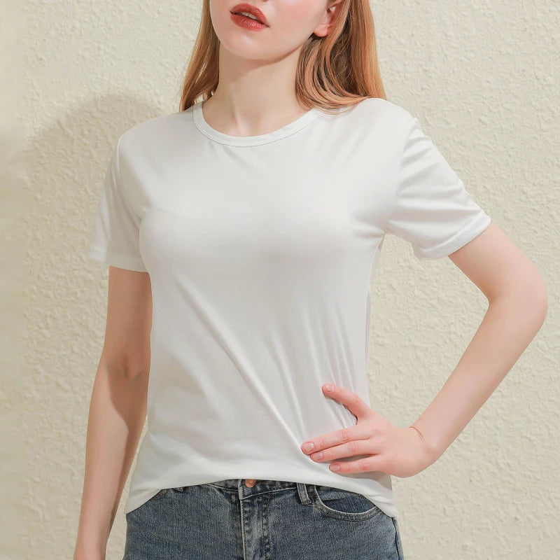 Slim fit white cotton V-neck tee on a model, perfect for summer, lightweight and breathable design.