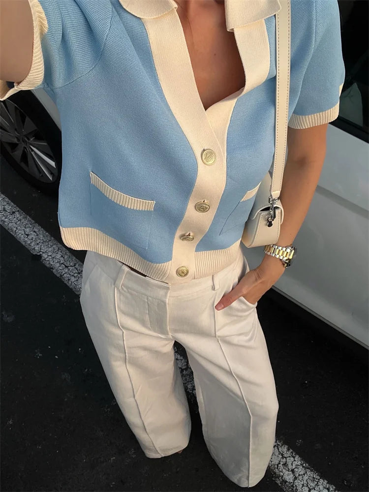 Tossy V-Neck Patchwork Knit Cardigan