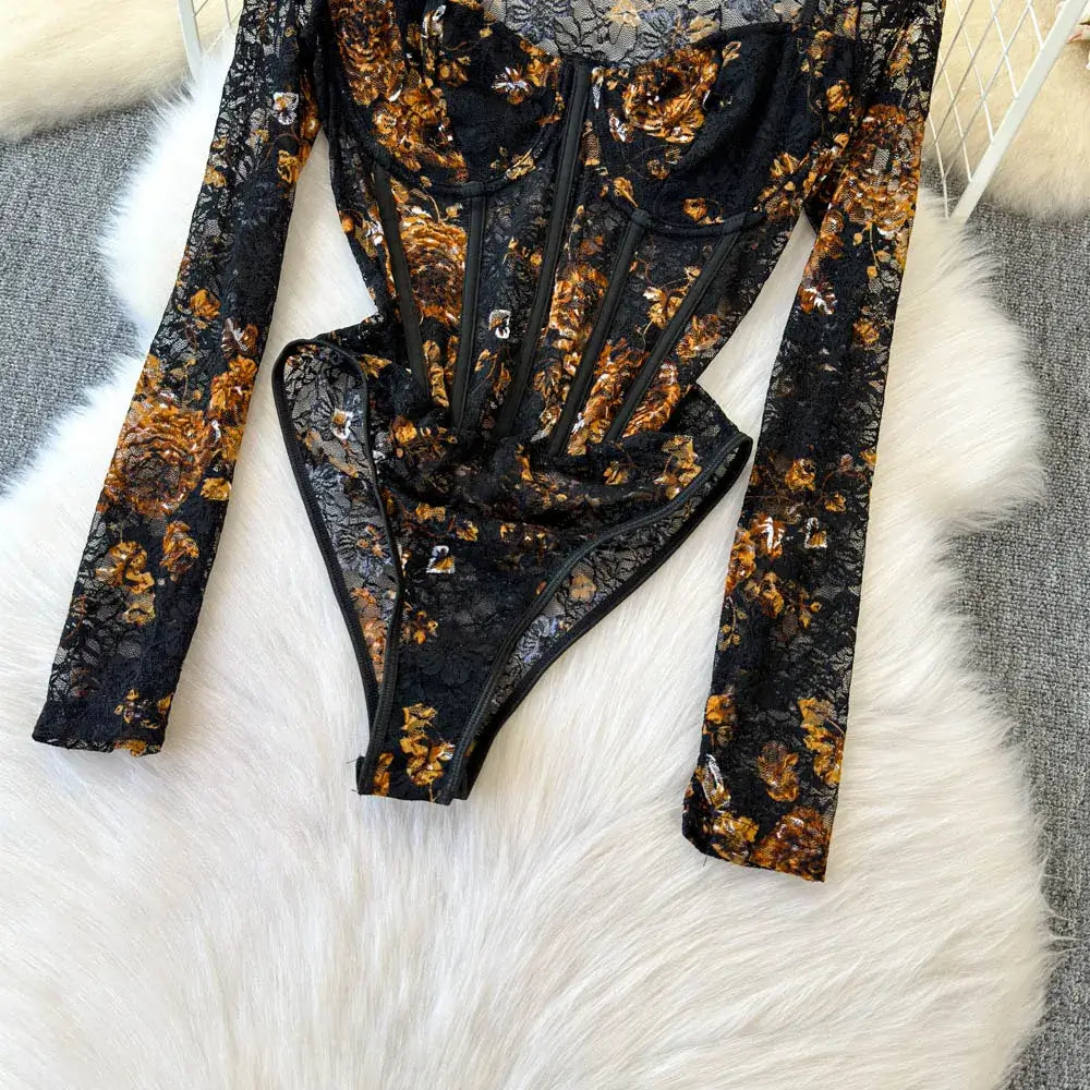 Women Square Neck Mesh Print Bodysuit