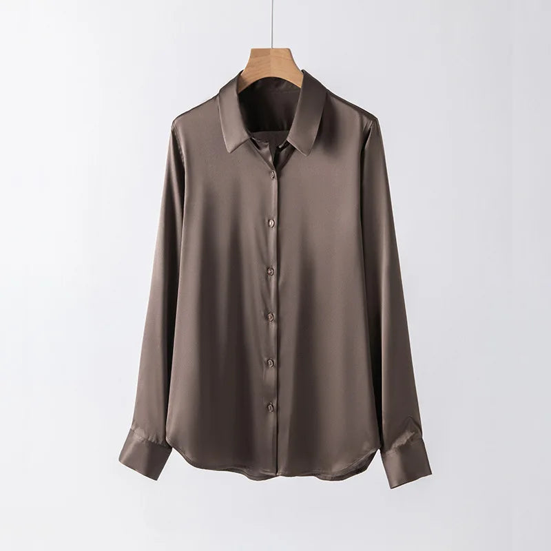 SatinGrace™ long sleeve silk shirt in brown, featuring a V-neck and single-breasted closure, perfect for women.