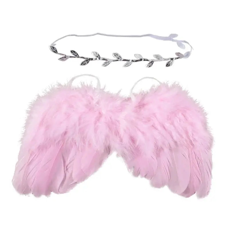 Pink baby angel wings and headband set for newborn photography props and costume accessories.