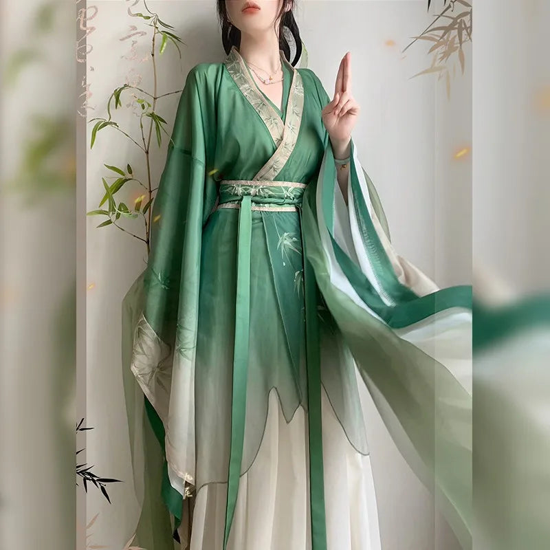 Bamboo green Hanfu dress featuring large sleeves and intricate printing, perfect for parties and traditional celebrations.