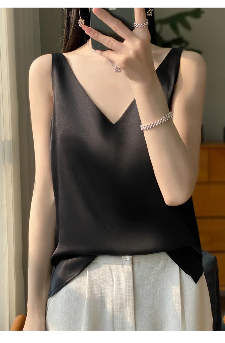 Ice Silk Satin V‑Neck Camisole Crop Top