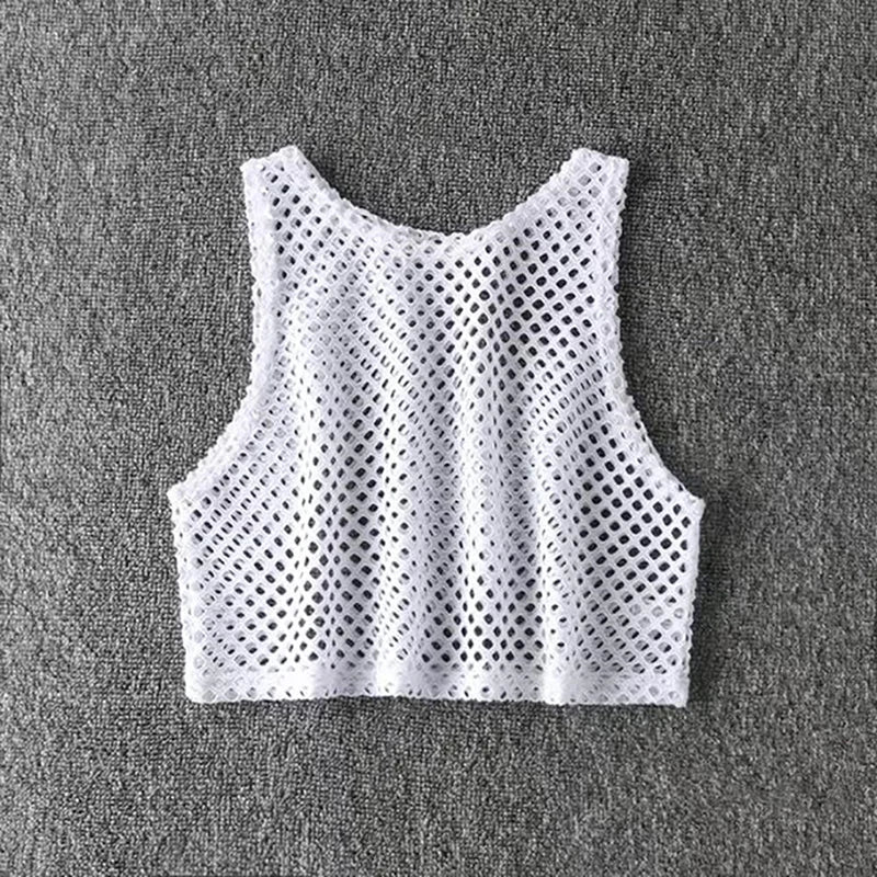 MeshGlow™ Hollow-Out Summer Crop Top in breathable fishnet design, perfect for casual summer wear.