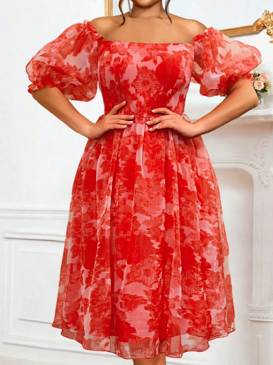 Women Red Floral Off Shoulder Dress