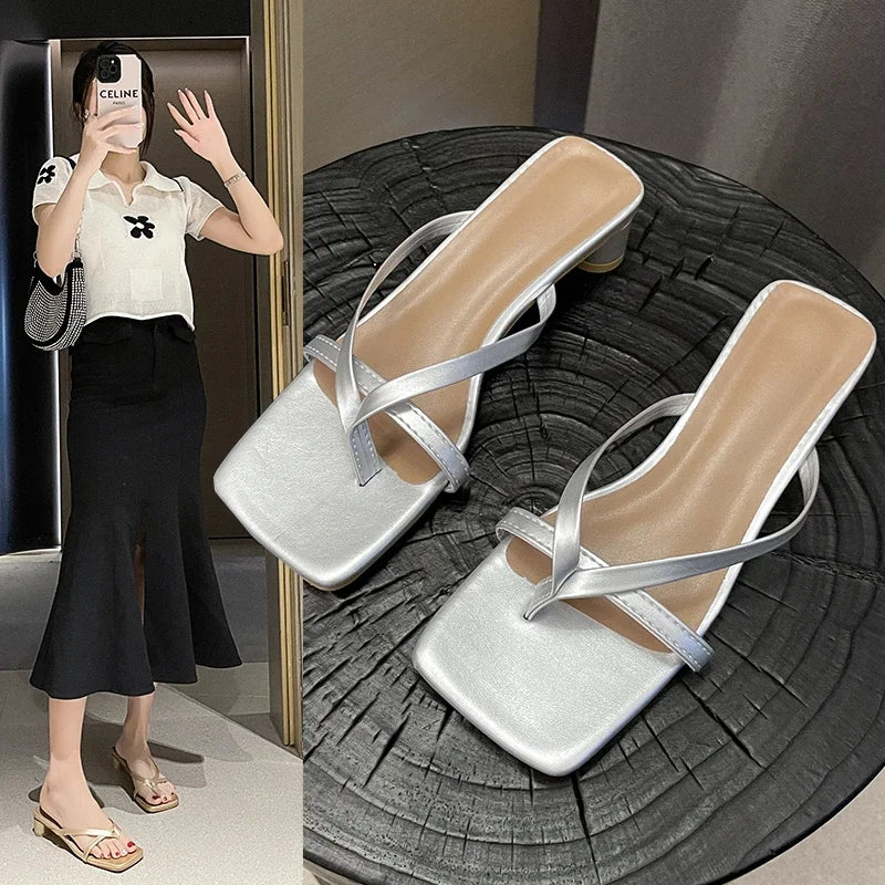 Women Summer Half-Toe Flip-Flops – Casual Mid-Heel Chunky Sandals