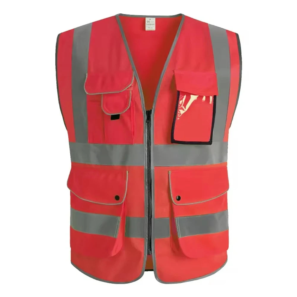 Hi-Vis pink safety vest with multi pockets and reflective stripes, ideal for construction and outdoor work.