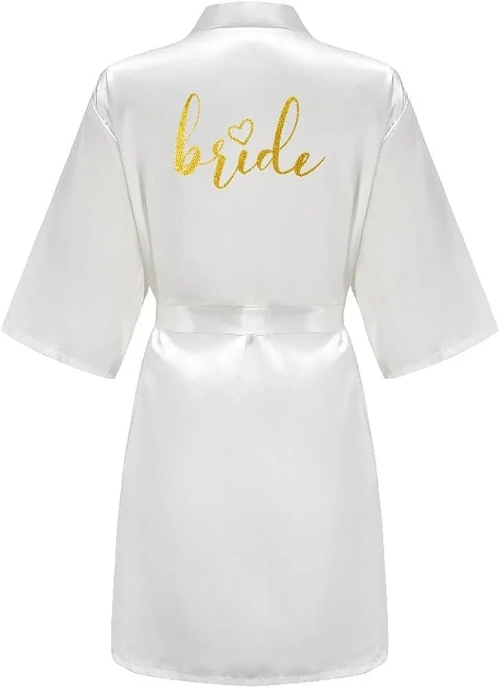 Gold letter satin bride robe in white with short sleeves, perfect for weddings or bridal ceremonies.