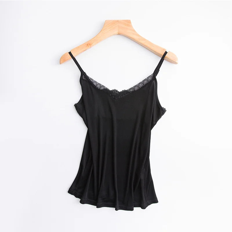 LuxeLace™ Silk Camisole Tank Top in black, sleeveless with lace trim, offering a comfortable fit for women.