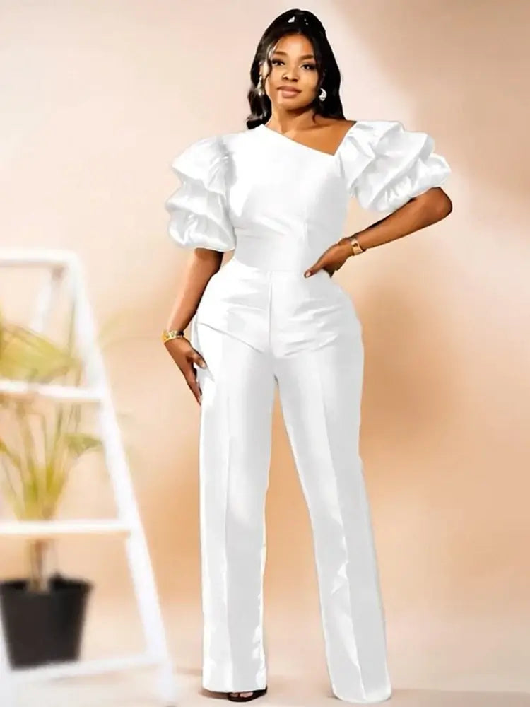 Women Satin Puff Sleeve Party Jumpsuit