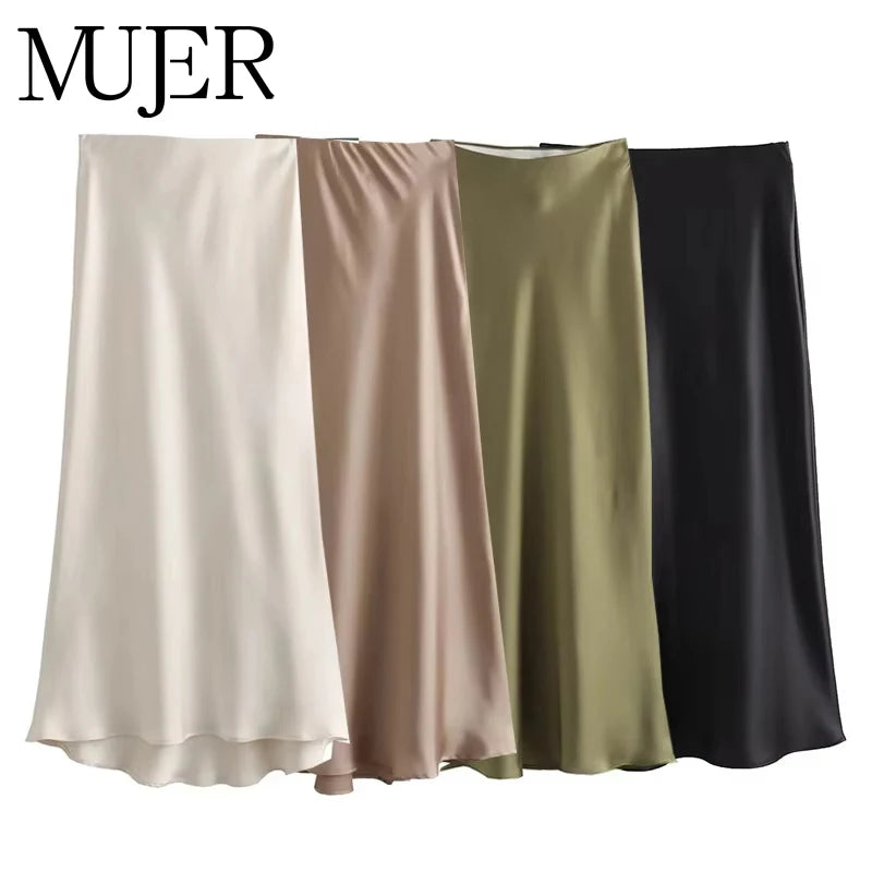 Women Satin Midi Skirt 2025