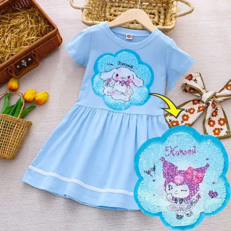 Girls summer dress in light blue with Kuromi and cartoon designs, knee-length, perfect for ages 4-6Y.