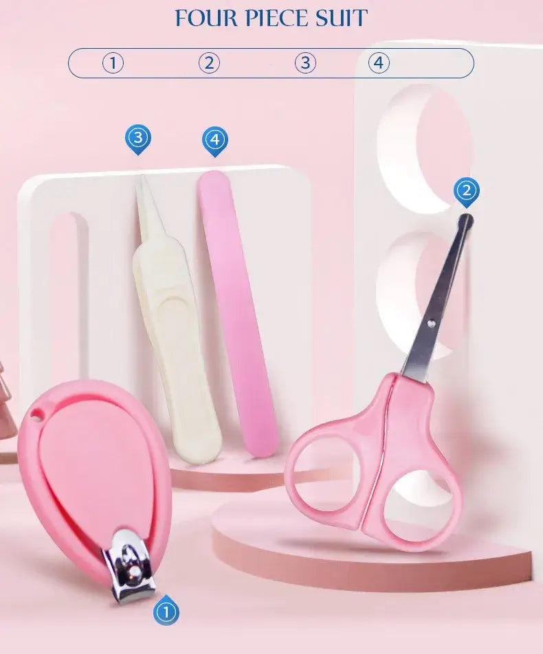 Newborn baby nail care four-piece kit including scissors, clippers, and nail file in pink colors.