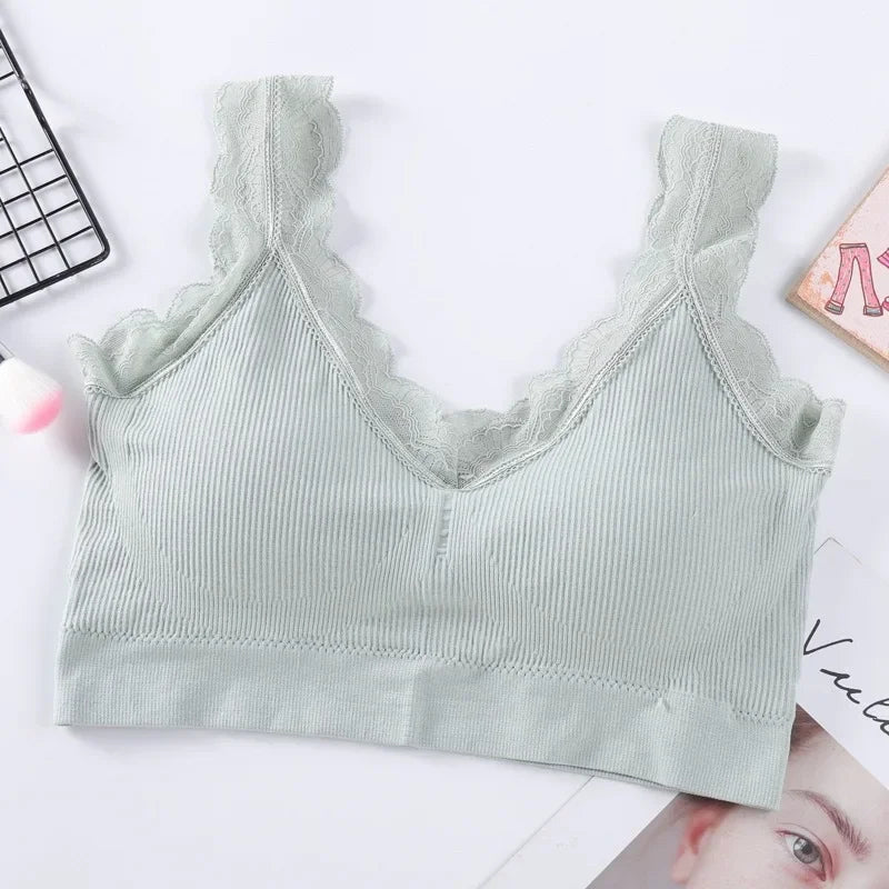 OllyMurs WireFreeFlex™ seamless tank bra top in mint green with lace detailing, perfect for daily comfort and non-wire support.