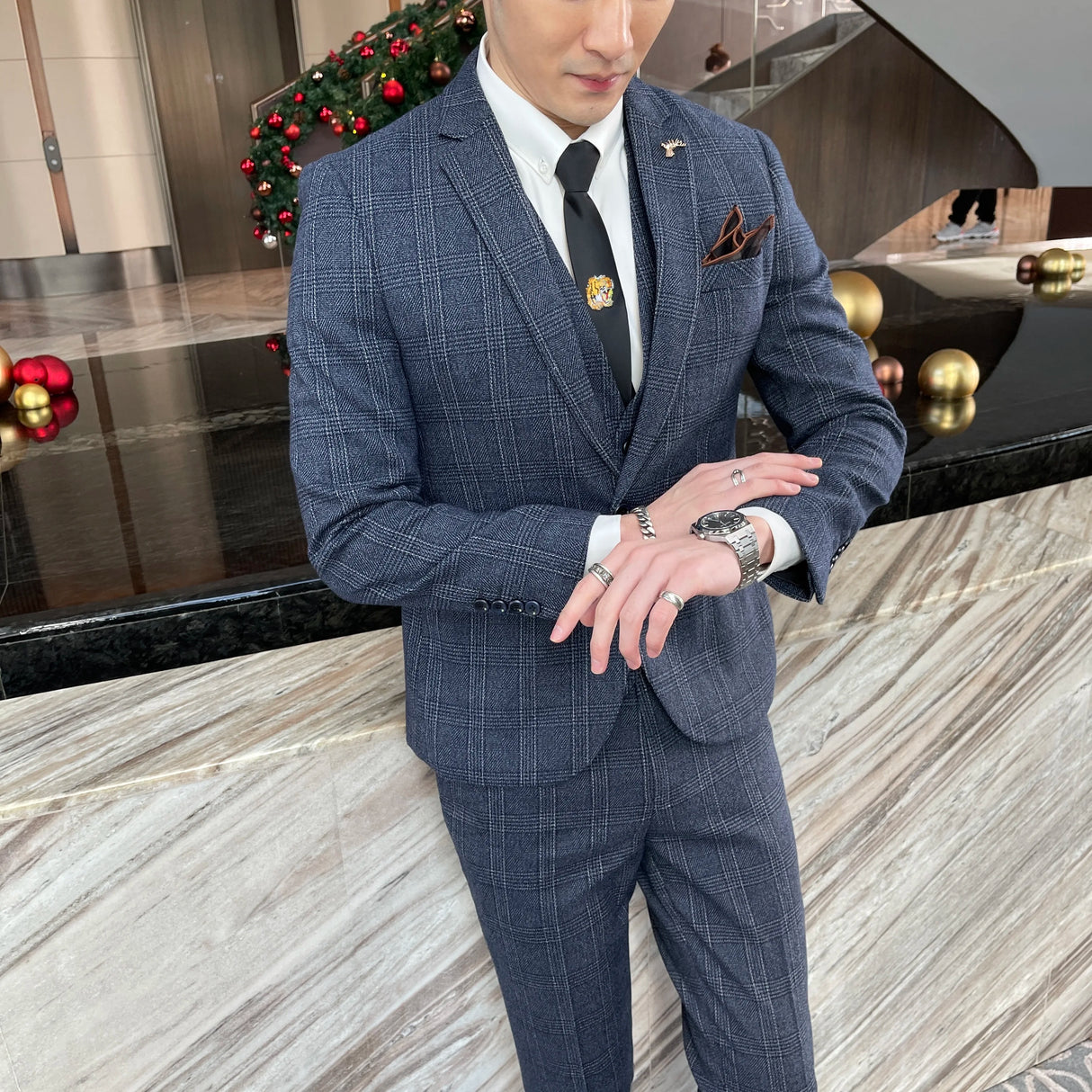 Men Plaid 3-Piece Business Suit