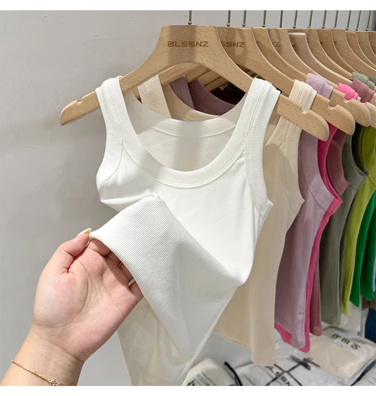 RibFlex™ Basic O-Neck Tank in white, showcasing elastic ribbed fabric, perfect for summer wear.